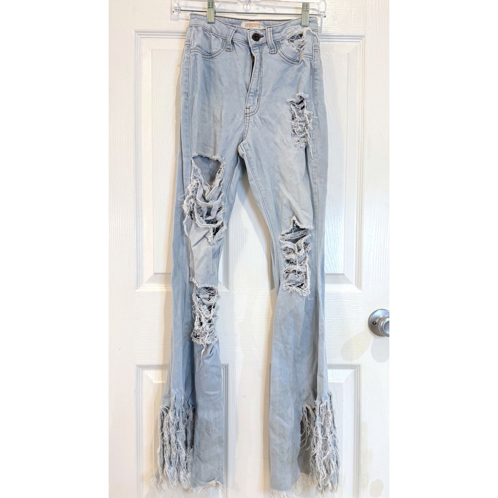 Aphrodite Jeans sz 5 Light Wash Distressed Ripped Fringed Hem Flare Bell Bottom